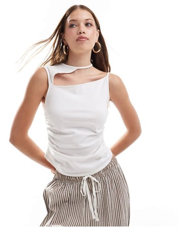cut out detail ruched side top in white