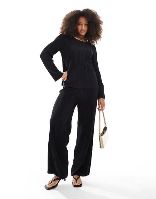 plisse top and trouser co-ord in black