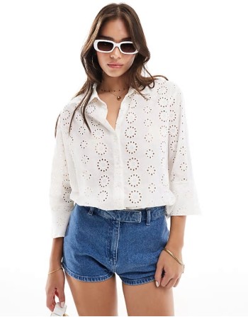 pointelle 3/4 sve shirt in off white
