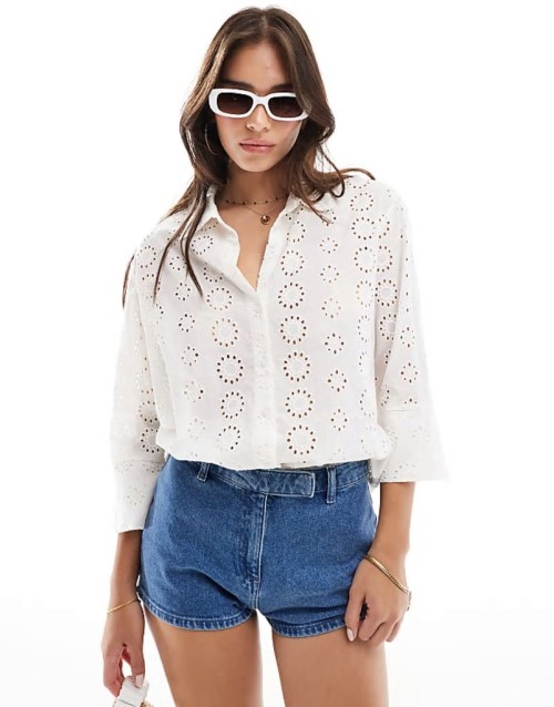 pointelle 3/4 sve shirt in off white