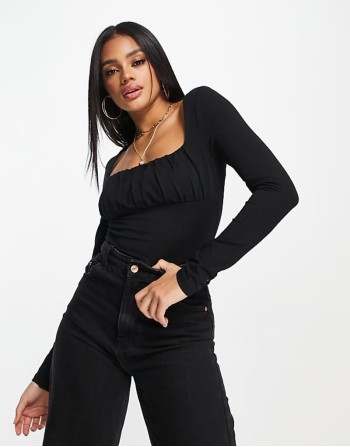 gathered bust detail long sve top in black