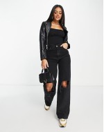 gathered bust detail long sve top in black