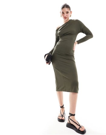 long sve drape detail midi dress in khaki