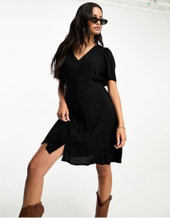 button through mini skater dress in black