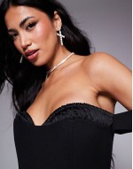 shirred bust detail corset  lace up back mini dress in black
