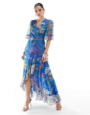Premium frill sve maxi wrap dress with tie waist in blue print