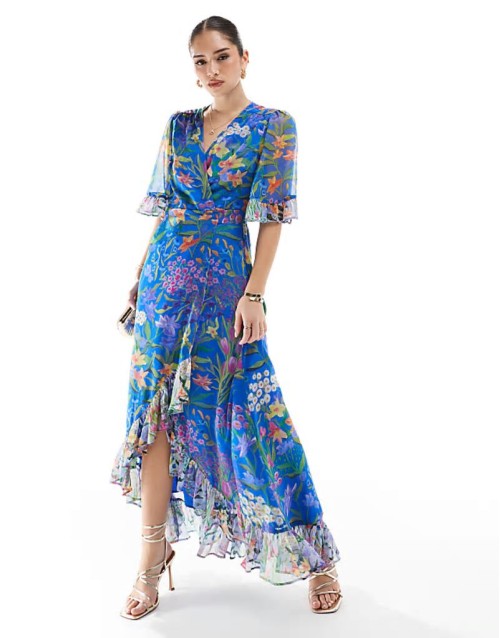 Premium frill sve maxi wrap dress with tie waist in blue print