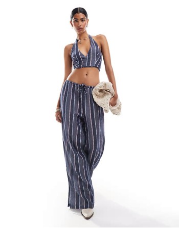 Lightweight halterneck stripe waistcoat and tie waist straight leg trousers set in purple